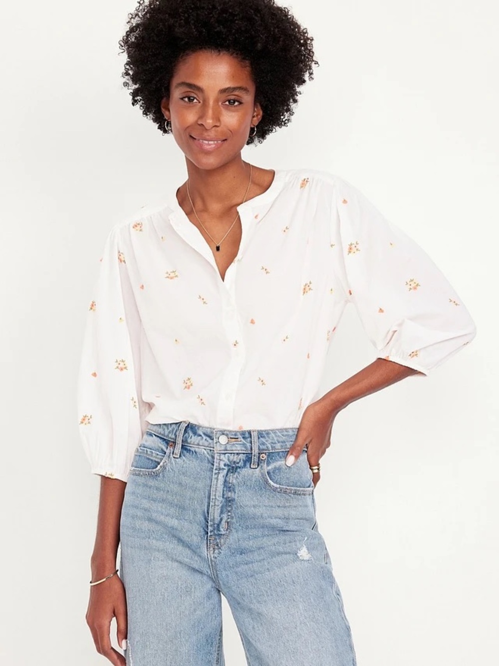 Old Navy White Floral Button-Front Peasant Blouse